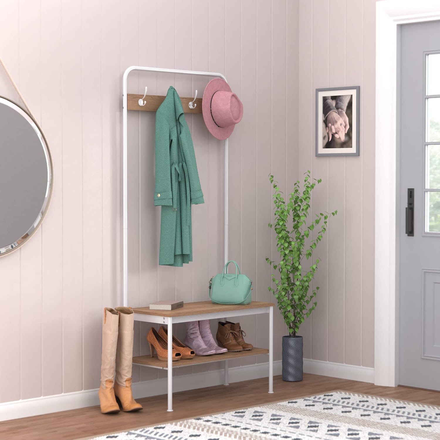 ClosetMaid Hall Tree with Shoe Bench, 4 Hooks and Storage Shelf, Coat Rack, Wheat/White