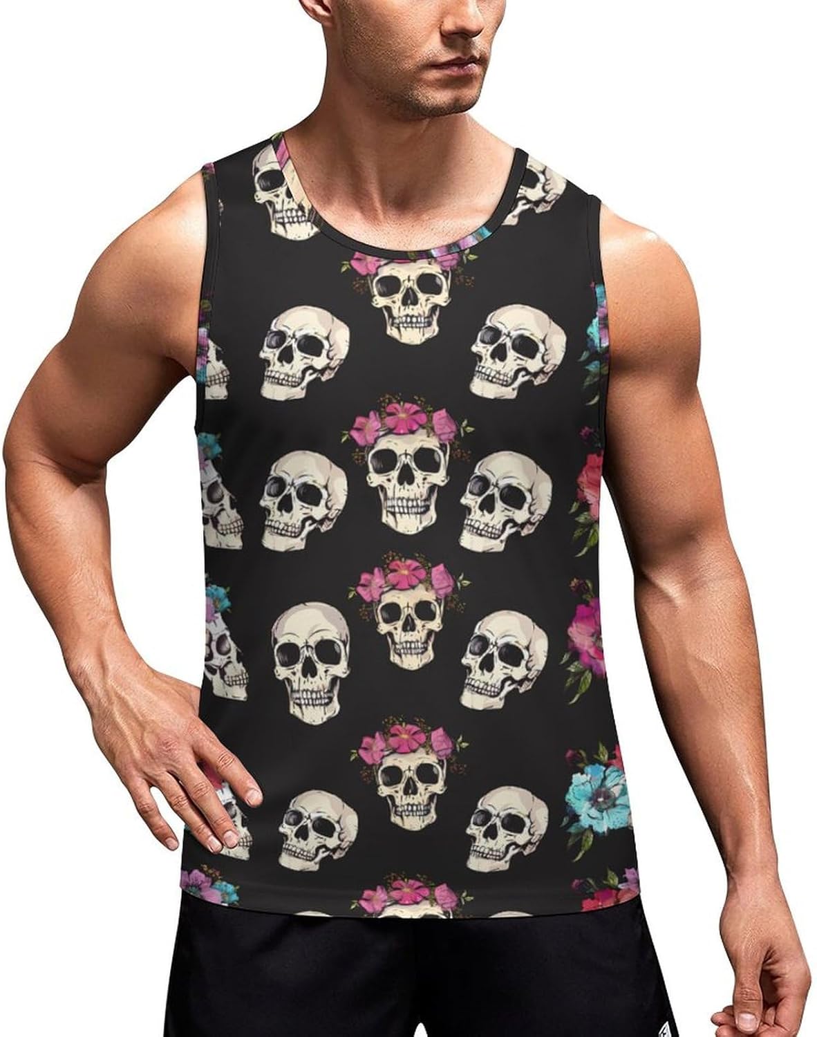 Skull Flower Men's Tank Top Sleeveless Muscle Shirts Vest Beach T Shirts for Workout Gym