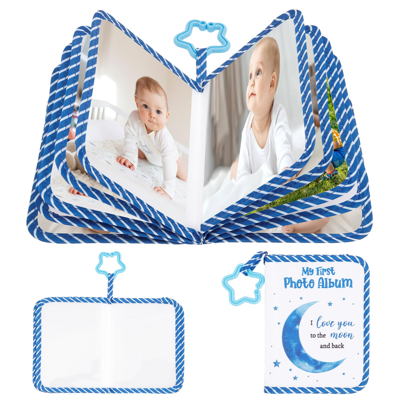 Baby Photo Album, Soft Cloth Family Baby Photo Book with Mirror, Holds 17 6x4 Pictures, Adorable Toddler Family Memory Book for Kids Newborn Toddlers Present (Blove)