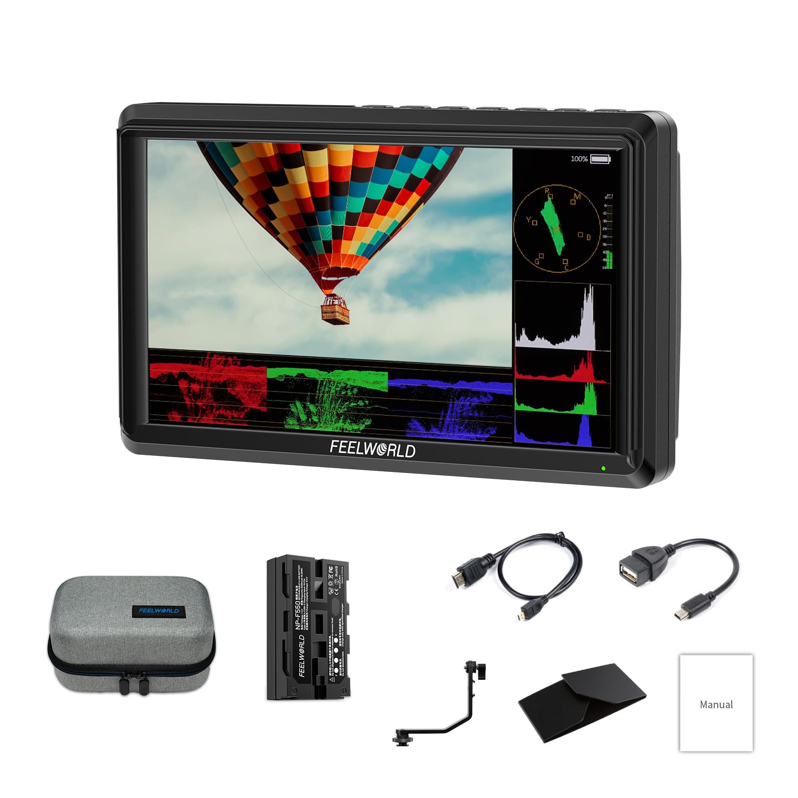 FEELWORLD S55E Monitor para cámara DSLR de 5,5 Pulgadas 3DLUT Full HD 1920x1152 IPS Forma de Onda con HDMI 4K60Hz Entrada/Salida de 8,4 V CC con Parasol batería de 2200 mAh y Funda de Transporte