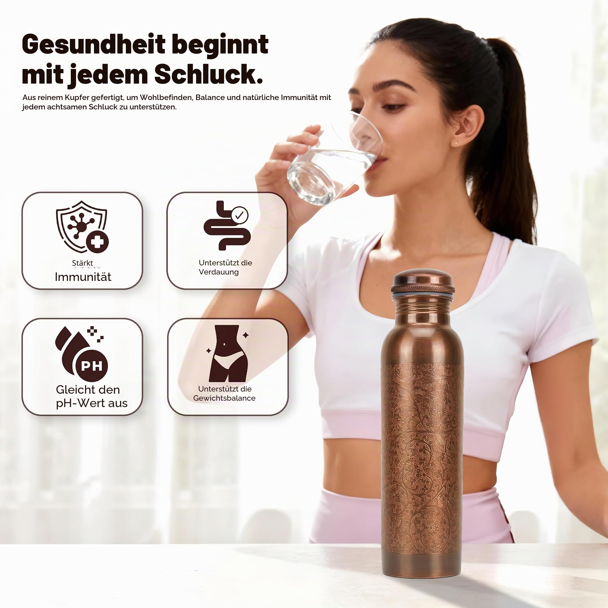 Kupferflasche mit ayurvedischen Vorteilen, auslaufsicherer Deckel, großes, handgefertigtes Kupfergefäß für Fitnessstudio, Büro und Wandern – 1000 ml – 2 Stück