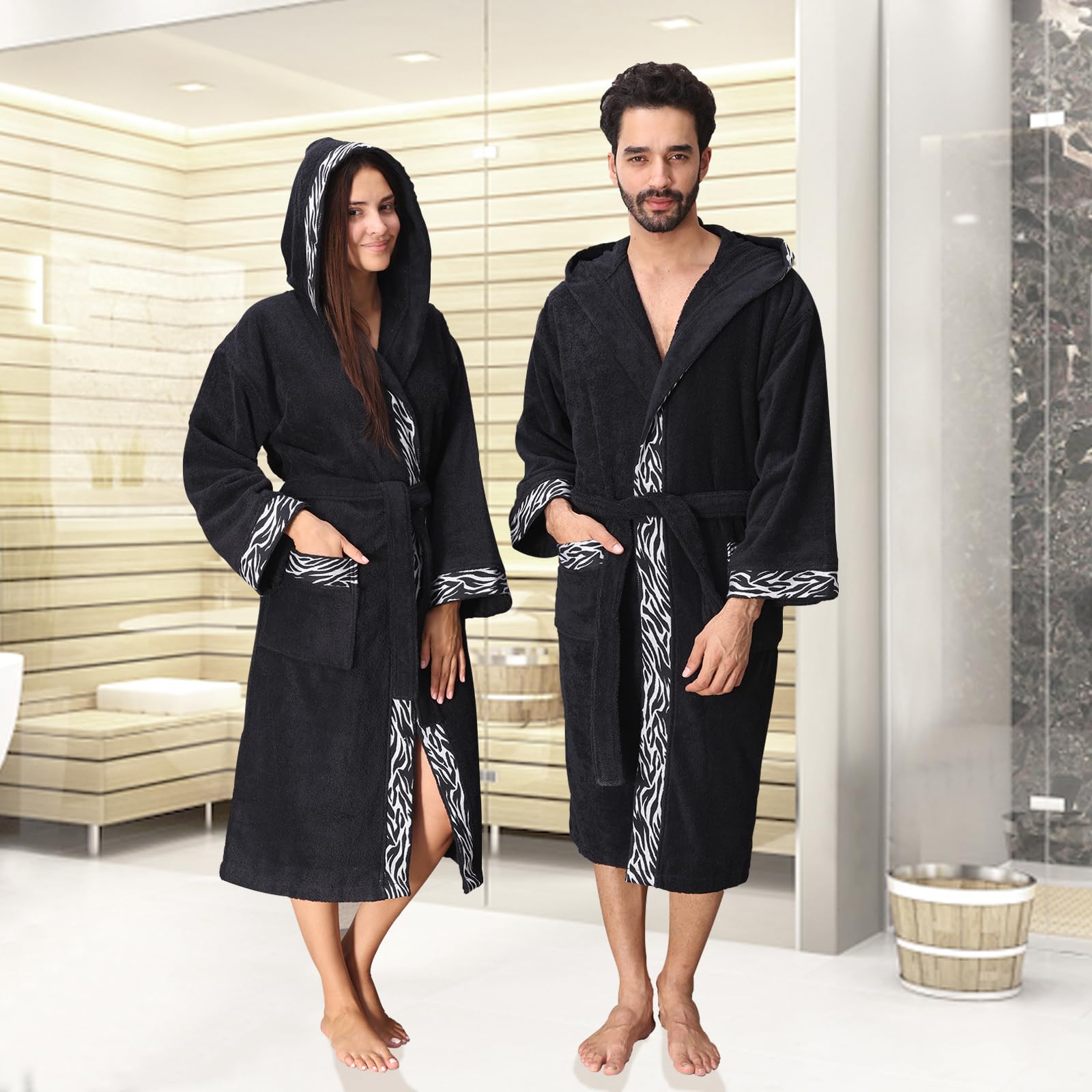 Class Home Collection Bademantel Damen & Herren mit Kapuze – 100% Baumwolle Frottee, weich & saugfähig – OEKO-TEX Leopard Schwarz Zebra