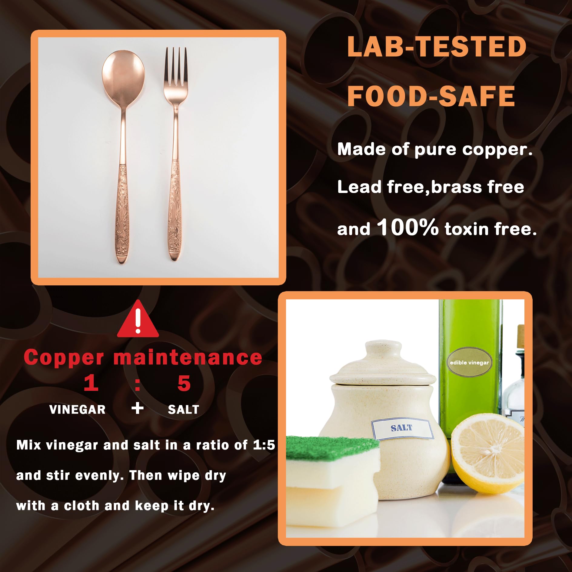 Utensili in rame puro al 99,99%, posate in rame con bellissimo significato cinese, adatti per cucina, casa, matrimoni, feste, lavabili in lavastoviglie (2 tipi)