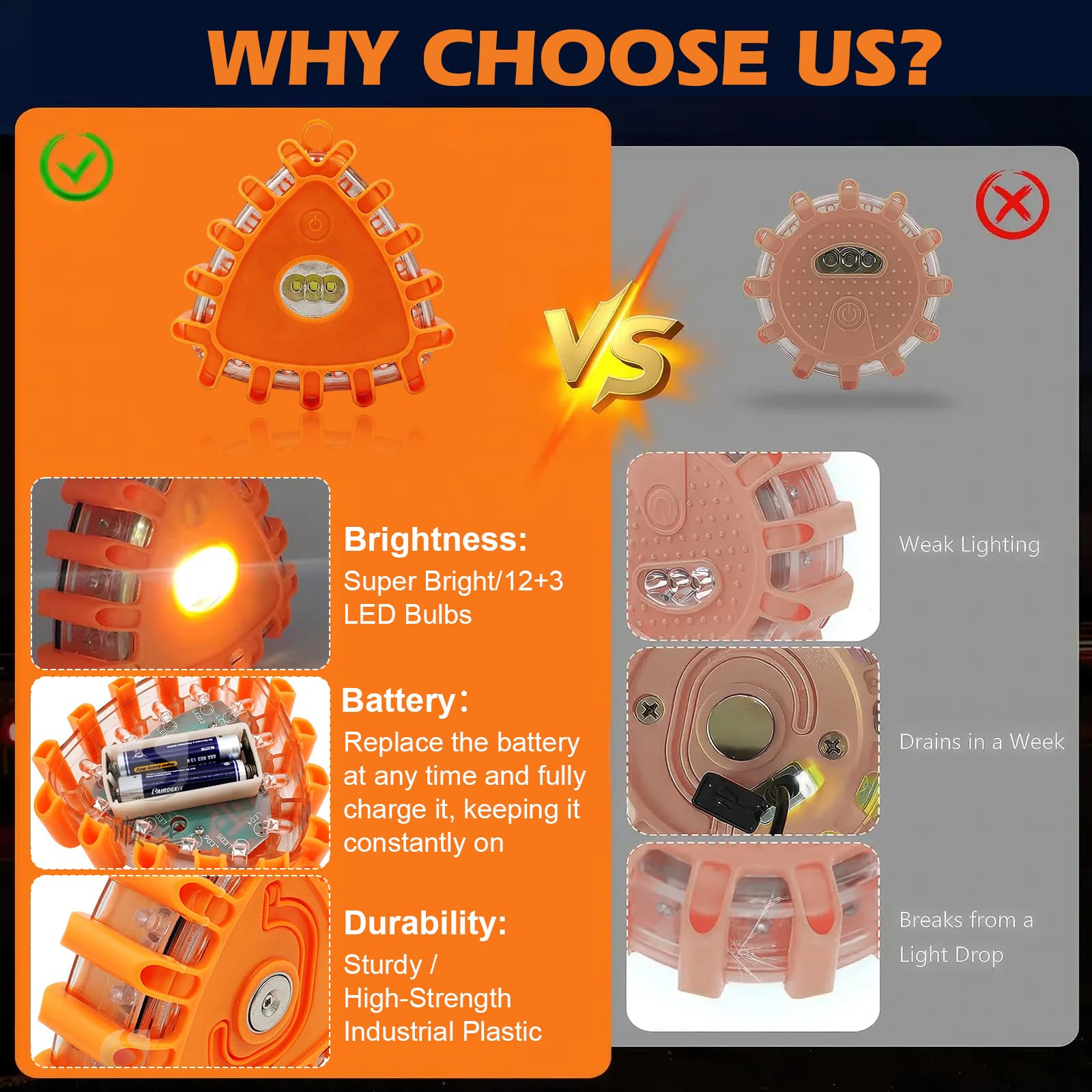 6 luces de advertencia de color naranja, con 9 modos de parpadeo, imán y gancho plegable, resistente al agua y al polvo, para emergencias de vehículos, obras de construcción, exteriores