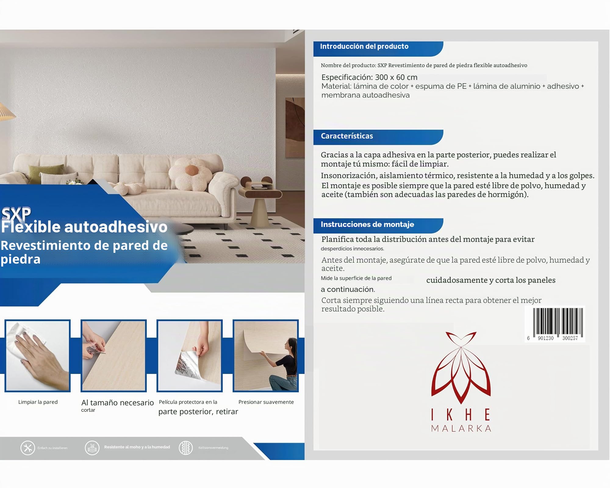 I K H E Malarka SXP - Rollo de revestimiento de pared autoadhesivo 3D de 1,8 m², 60 x 300 cm, panel de pared flexible en aspecto de hormigón y piedra, resistente al agua y aislamiento térmico, papel