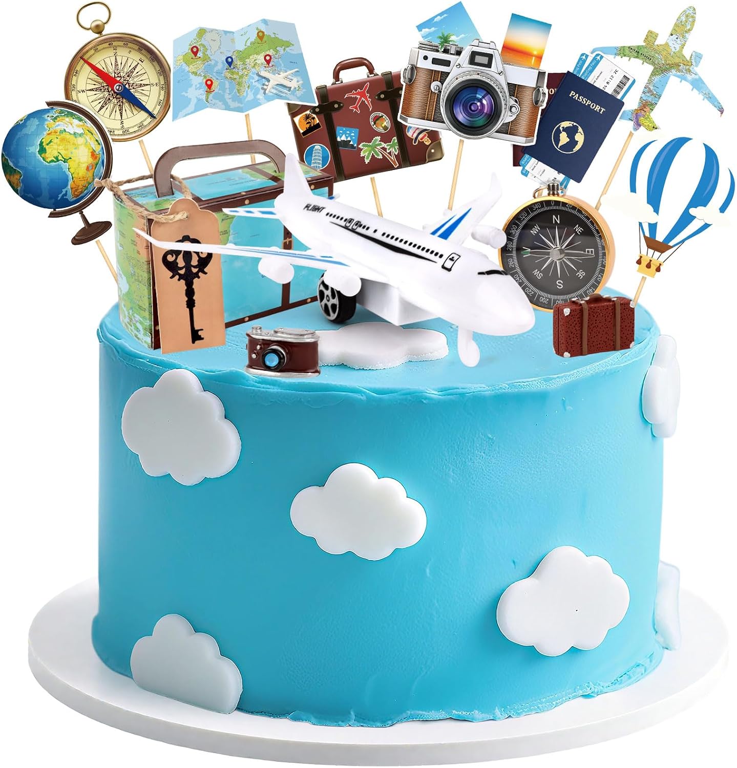 34 Pcs Travel Cake Toppers Mini Suitcase Airplane Map Camera Birthday Cake Decorations for Travel Themed Party Decorations Let The Adventure Begin Around the World Party Supplies