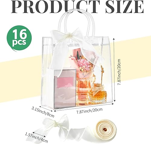 Miniatura 2 de CLUEWR Paquete de 16 bolsas de regalo transparentes con asa, bolsas reutilizables de plástico PVC para regalo con cinta, bolsas de regalos de