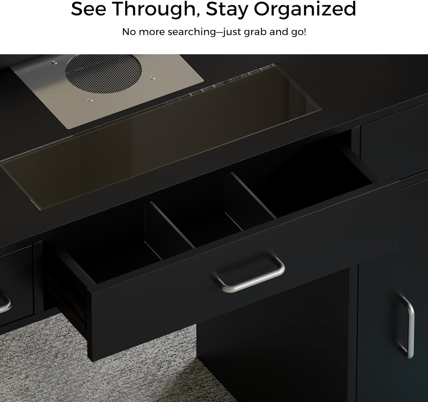 Manicure Table Nail Tech Desk w/Glass Top Drawer, Nail Tech Table w/Movable Shelves, Dust Collector, Wireless Charging, Cabinet, LED Lights, Acetone-Resistant Salon Workstation (Black)