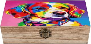Colorful Dog Portrait Locked Wooden Keepsake Box with Hinged Lid for Crafts And Photo Storage,Keepsake Box Jewellery Organiser Unique Gift Ideas for Men & Women