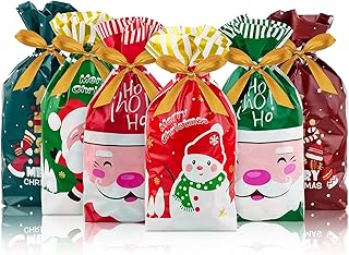 Hongyitime 60 PCS Christmas Candy Bag Christmas Treat Bags Candy Goodies Plastic Drawstring Gift Bags Merry Christmas Treat Bags for Birthday Party Snack Wrapping Wedding Gift Party Favor Merry X-mas