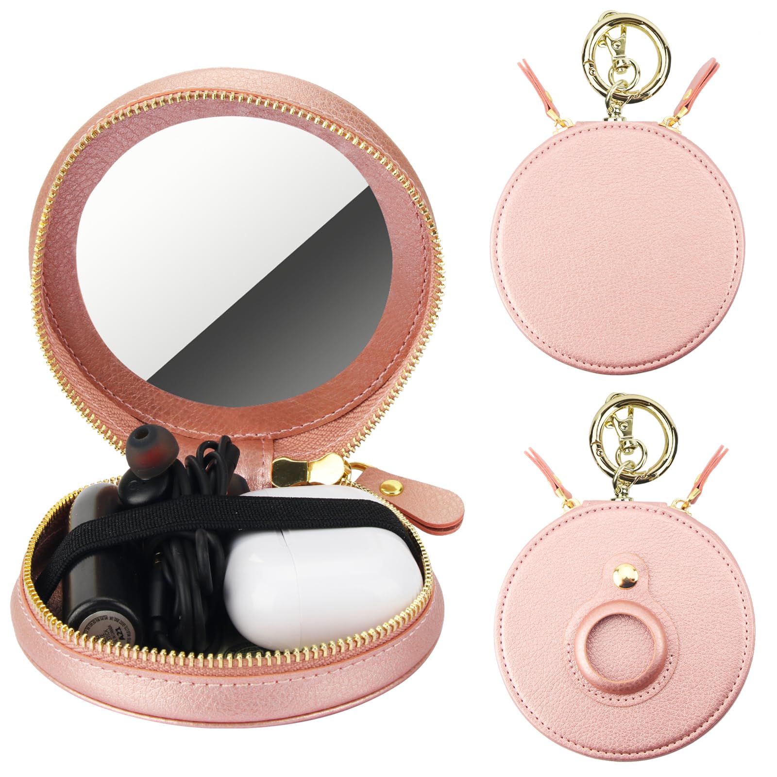 Bocasal Coin Pouch Mini Lipstick Cosmetic Bag with Airtag Holder Mirror, Leather Zipper Travel Makeup Bag Keychain Ring Clasp for Keys Earbuds