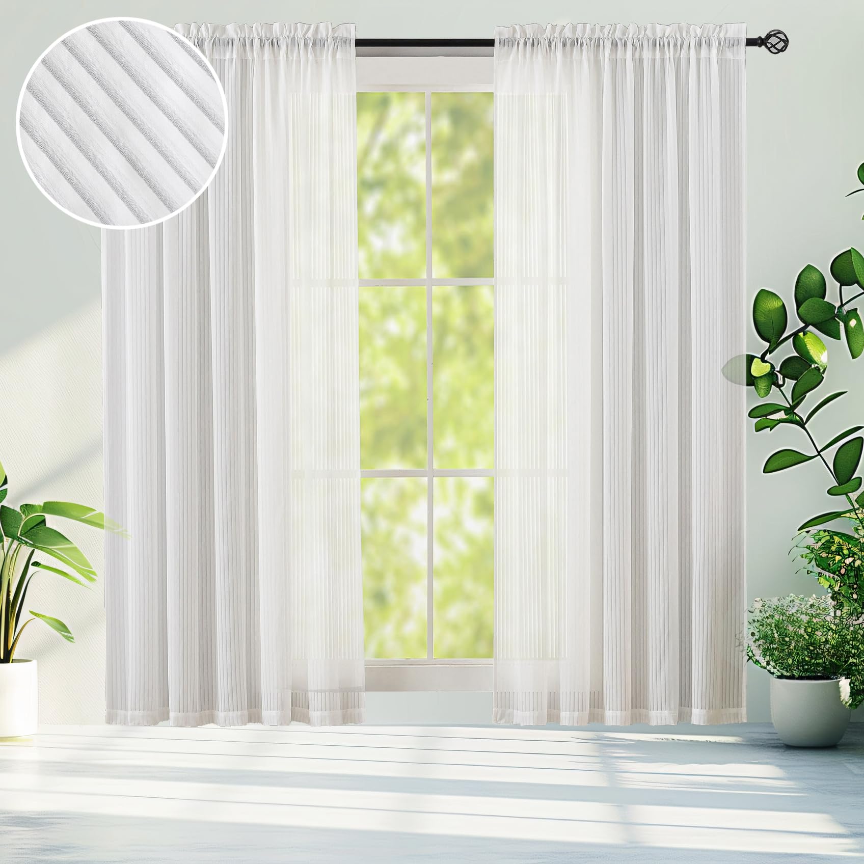 Demetex Striped White Net Curtains 2 Panels for Windows With Rod Pocket - Sheer Voile for Bedroom Living Room Dining Room 137 x 213 cm