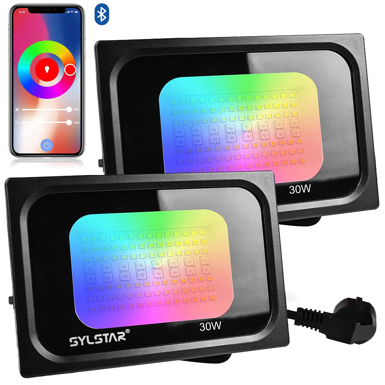 Buy Sylstar 2 Pack LED FloodLights Outdoor, 30W 3000LM RGB+CW Bluetooth