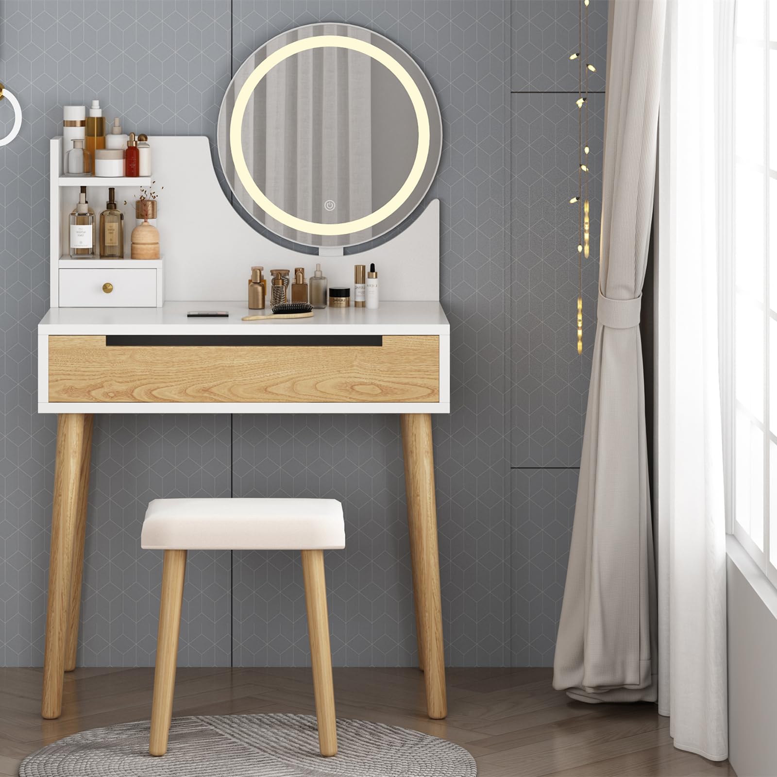 Garvee Schminktisch Mit LED Touch-Beleuchtung Und Spiegel, MDF+PU Frisiertisch, Moderner Kosmetiktisch Mit Aufbewahrung Für Schlafzimmer, Ankleidezimmer, Weiß