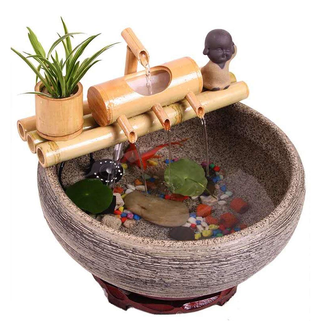 Bamboo Garden Zen Fontaine d'eau avec Pompe, intérieur/extérieur Ornements, 7,8 Pouces Base Ronde Plat, Lisse Split-résistant Bambou, Container Inclus
