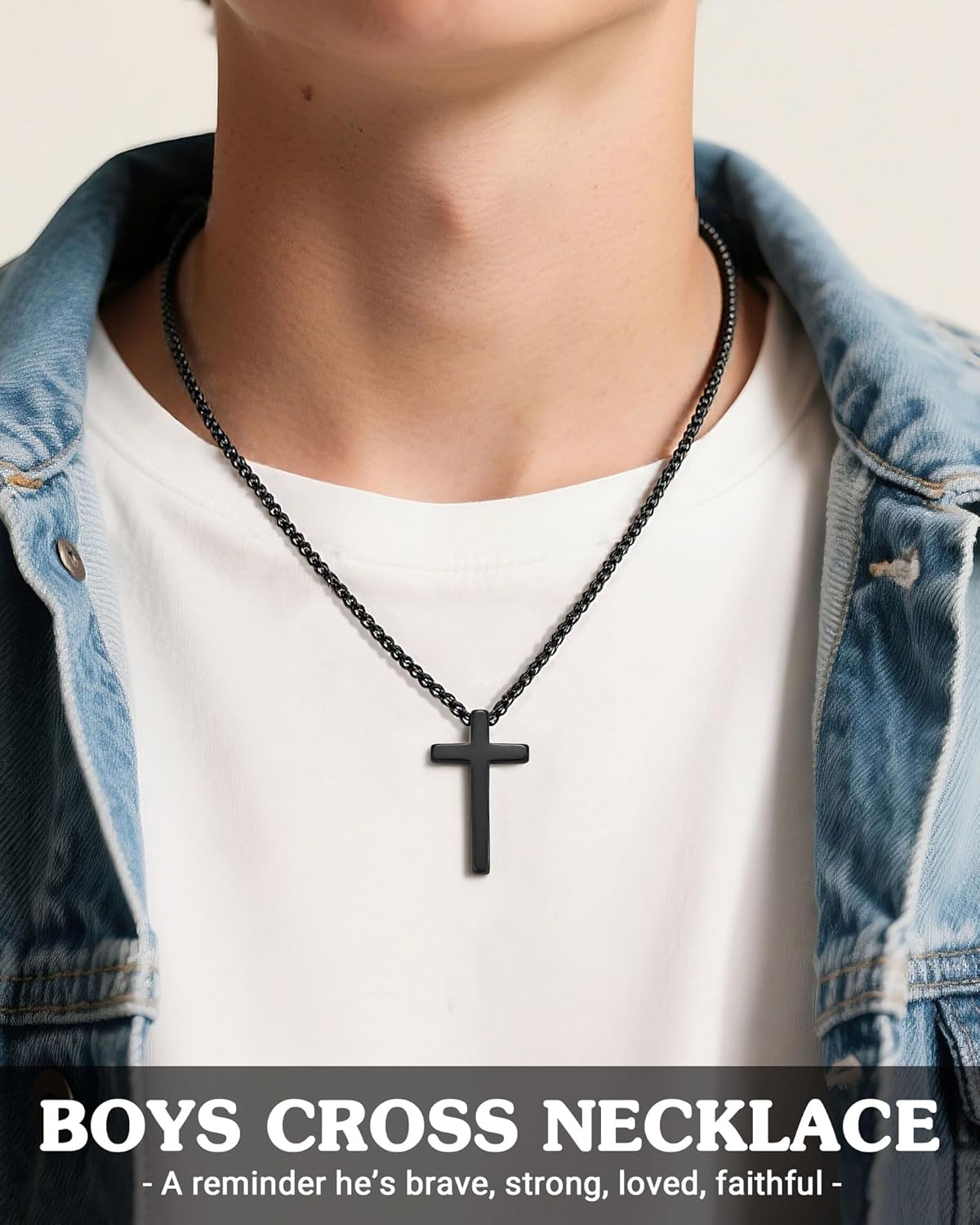 Faith, Love & Strength - Stainless Steel Cross Necklace for Son Grandson Teen Boys Christian Christmas Birthday Gifts - Image 2