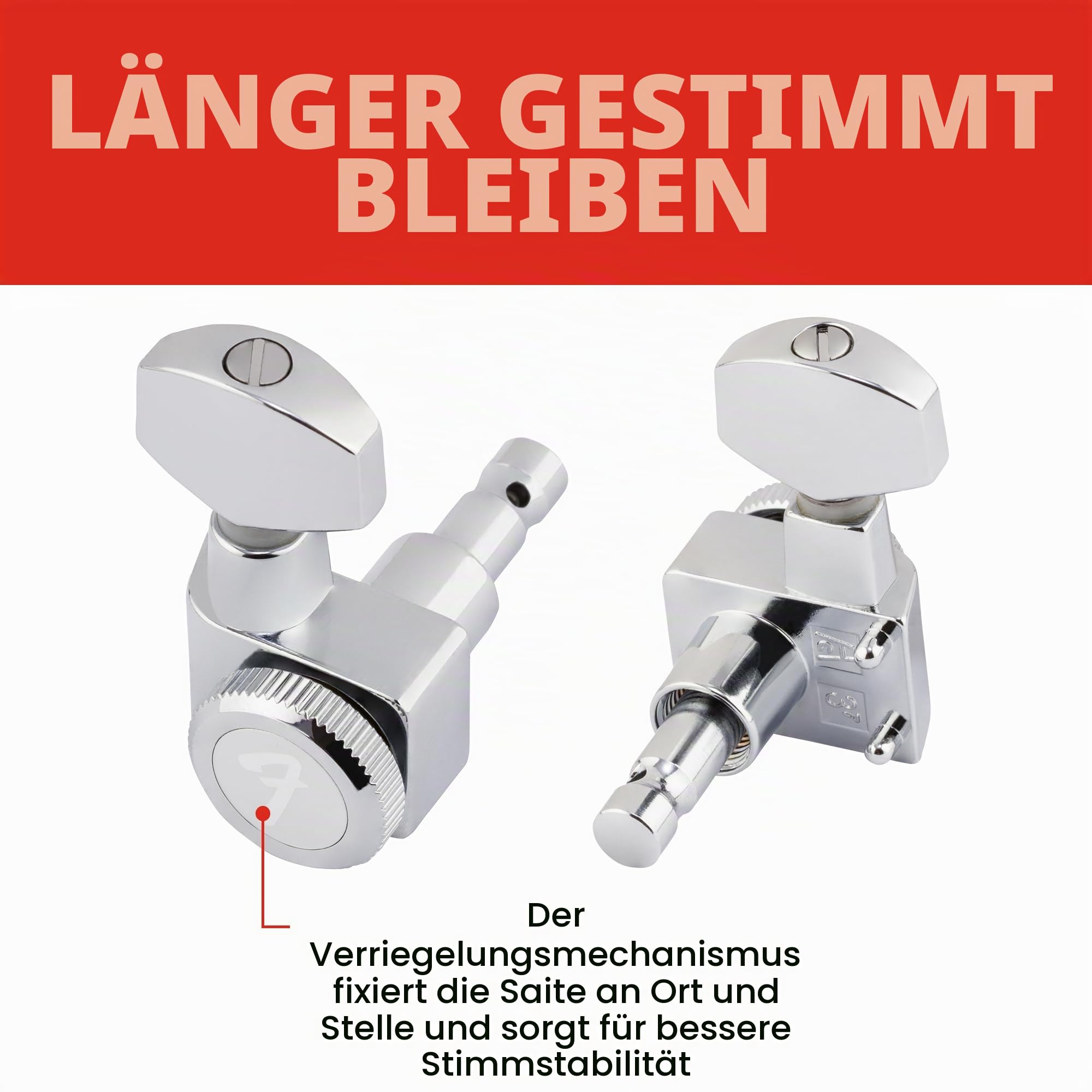 Fender Locking-Mechaniken für Stratocaster Telecaster E-Gitarre, selbstsichernde Stimmmechaniken, präzise Stimmstabilität, einfache Montage, hochwertig, langlebig, 6er-Pack, Chrom