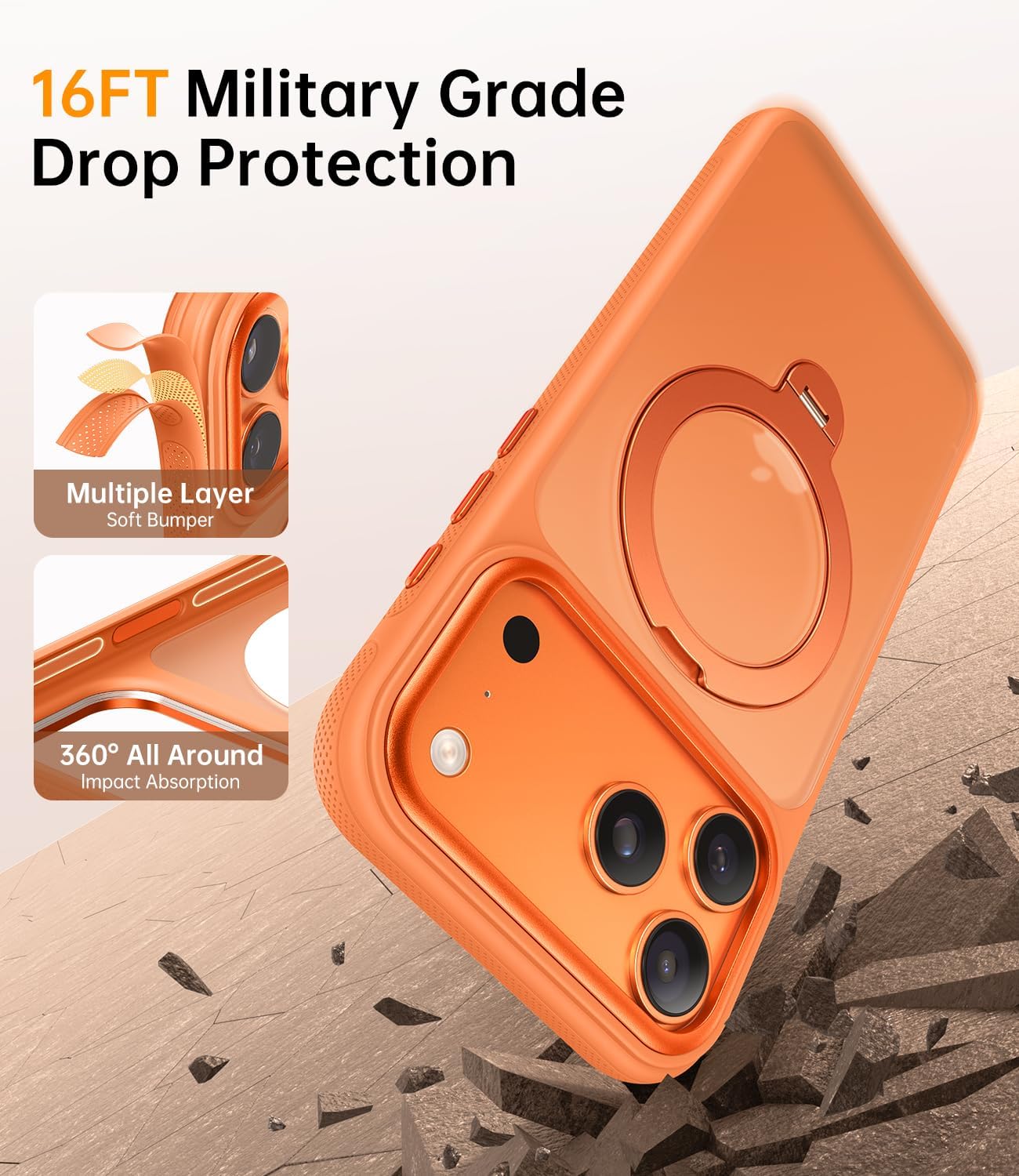 360° Magnetic Stand for iPhone 17 Pro Max Case, [Fit for MagSafe][Camera Control Button] Mil-Grade Protection Shockproof Slim Translucent Matte Ring Kickstand 17 Pro Max Case 6.9 Inch, Cosmic Orange - Image 5
