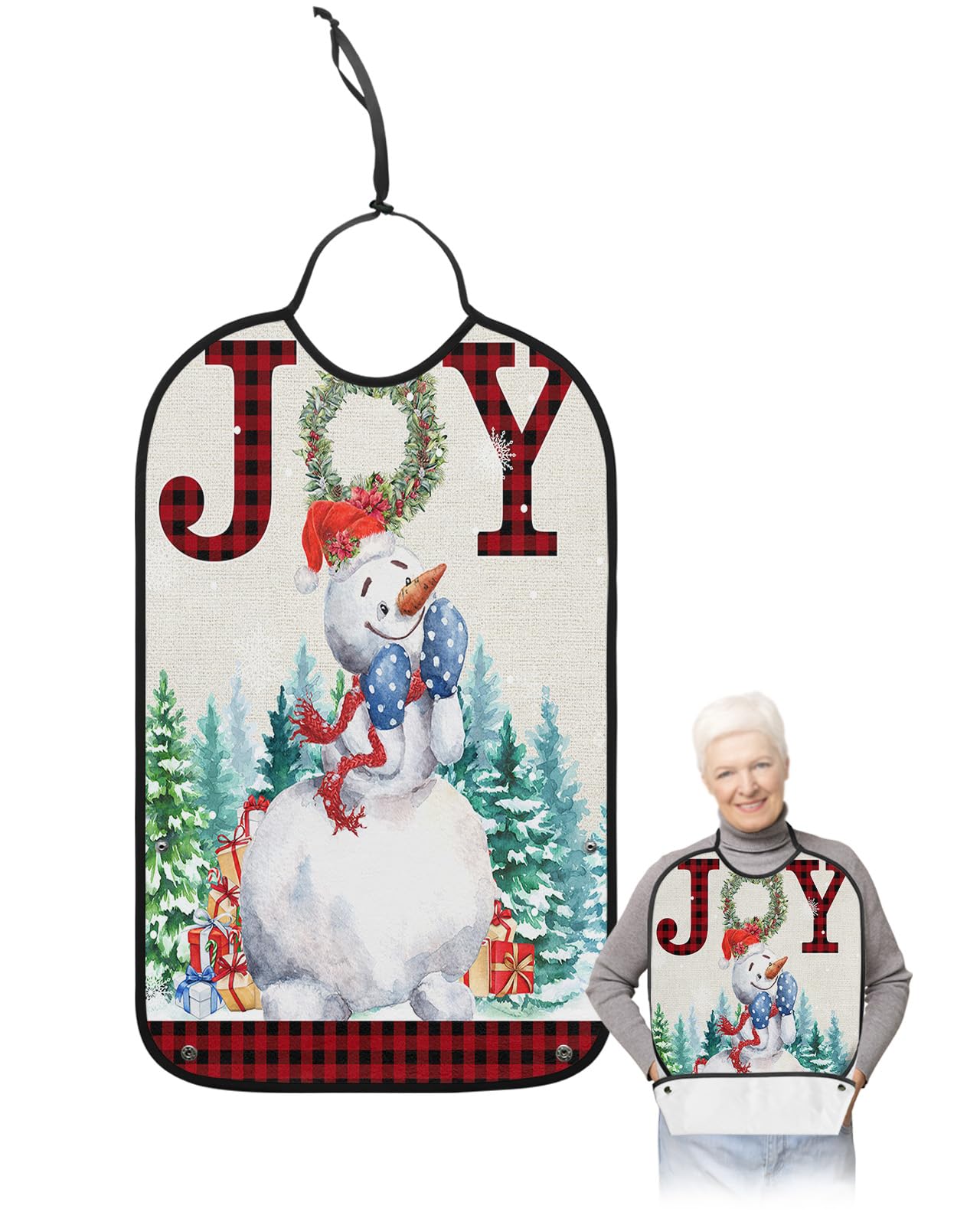 Christmas Snowman Adult Bib for Eating with Crumb Catcher,Washable & Waterproof Terry Cloth Adjustable Elderly Women Men Adult Bibs Funny Apron Clothing Protector Joy Xmas Snowy Tree Farmhouse Plaid