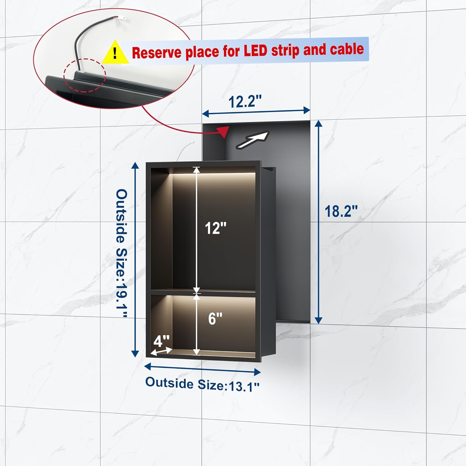 qeke stainless steel shower niche 12" x 18", no tile needed wall niche with 3 selectable color temperatures led light, recessed shower shelf for bathroom storage over mount installation, matte black matte black 12" x 18"