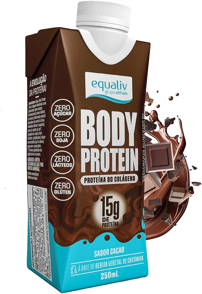 EQUALIV - Body Protein Cacau Pronto para Beber - Rico em Colágeno e Aminoácidos Essenciais para Desenvolvimento e Recuperação Muscular - Sem Glúten, Sem Lactose, Zero Açúcar -Sabor Cacau, 250ml