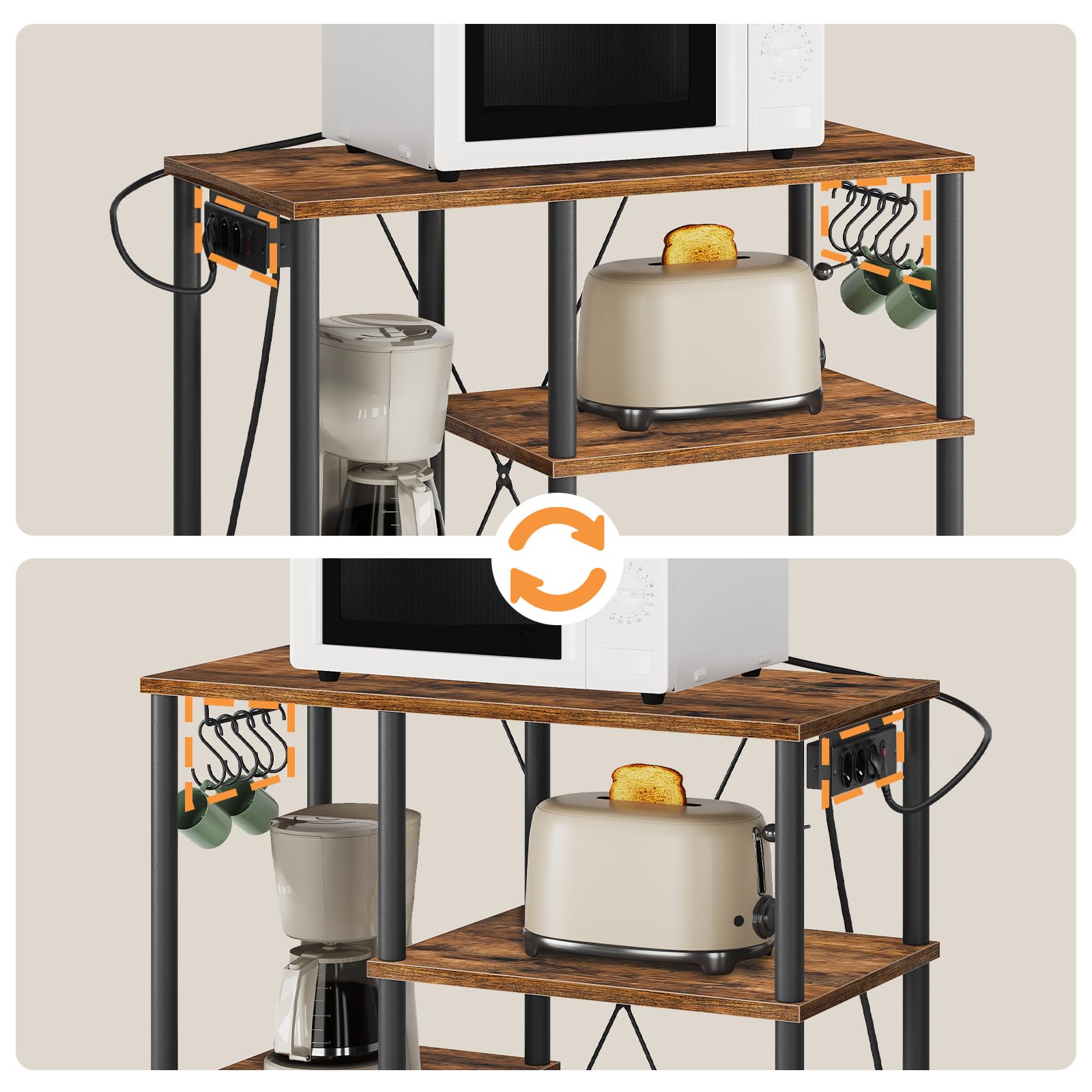 HOOBRO Küchenregal, Standregal mit Steckdosen, Bäckerregal mit 5 S-Haken, Mikrowellen-Regal, 38 x 80 x 86 cm, Vintagebraun und Schwarz EBF07CHB01