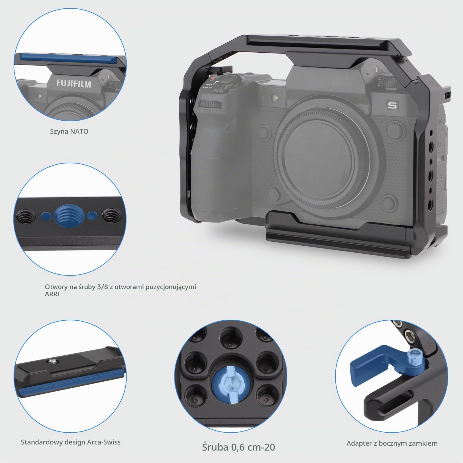 Leftfoto XH2/XH2S klatka na kamerę – aluminiowy wspornik z podstawą Arca, szyna NATO, gwint ARRI pasuje do stabilizatora DJI RS do FujiFilm X-H2/X-H2S Vlog nagrywania wideo