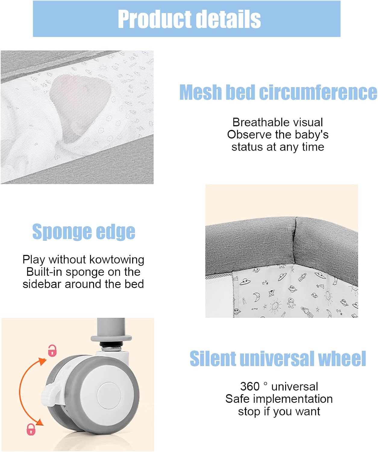 3 in 1 Bassinet, Baby Bedside Crib Height Adjustable Basinet Bedside with Wheels, Mosquito Net (Grey)