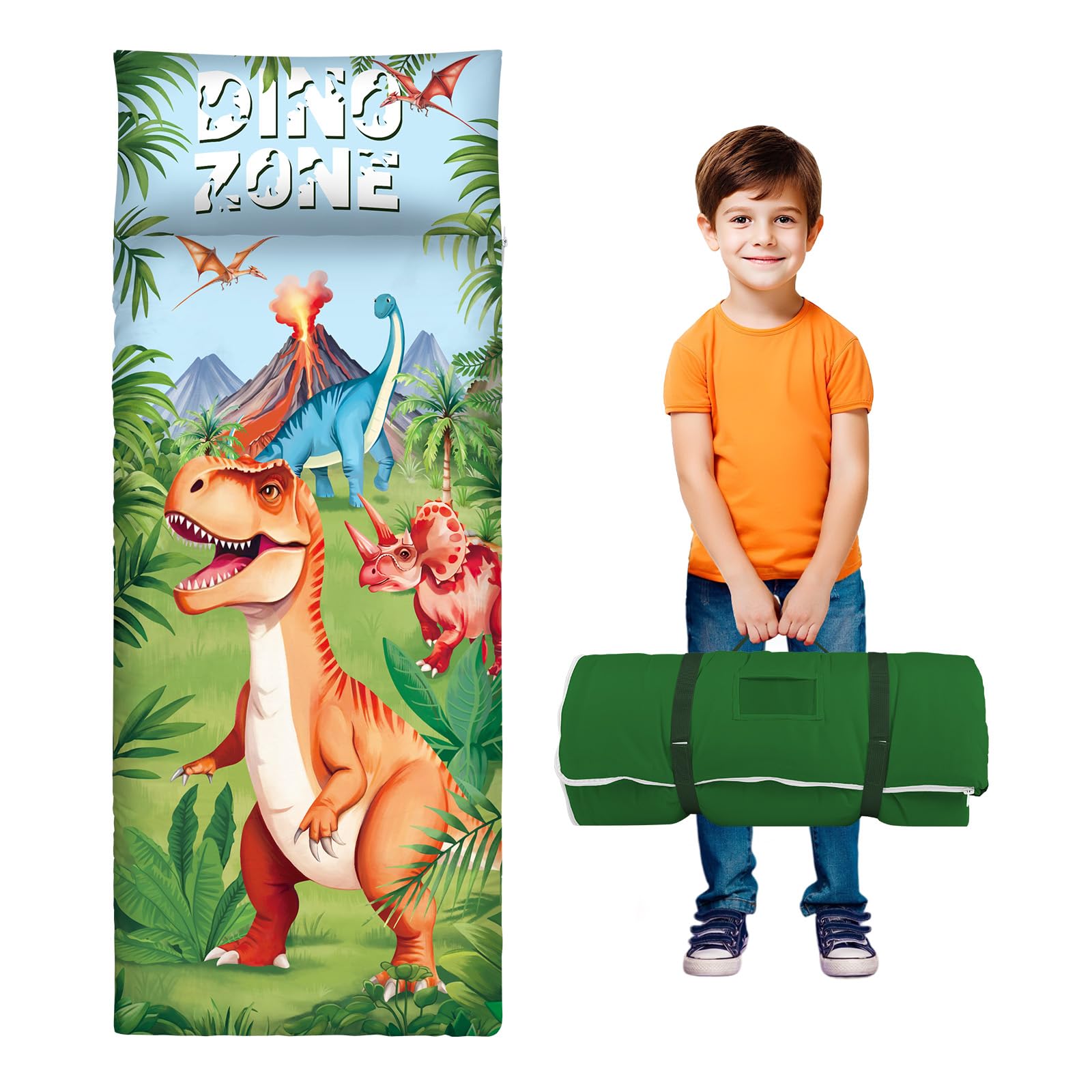 Schlafsack Kinder mit Kissen Abnehmbar, Warm Kinderschlafsack Doppelter Reißverschluss, Faltbare Deckenschlafsack für Camping, 150×60cm