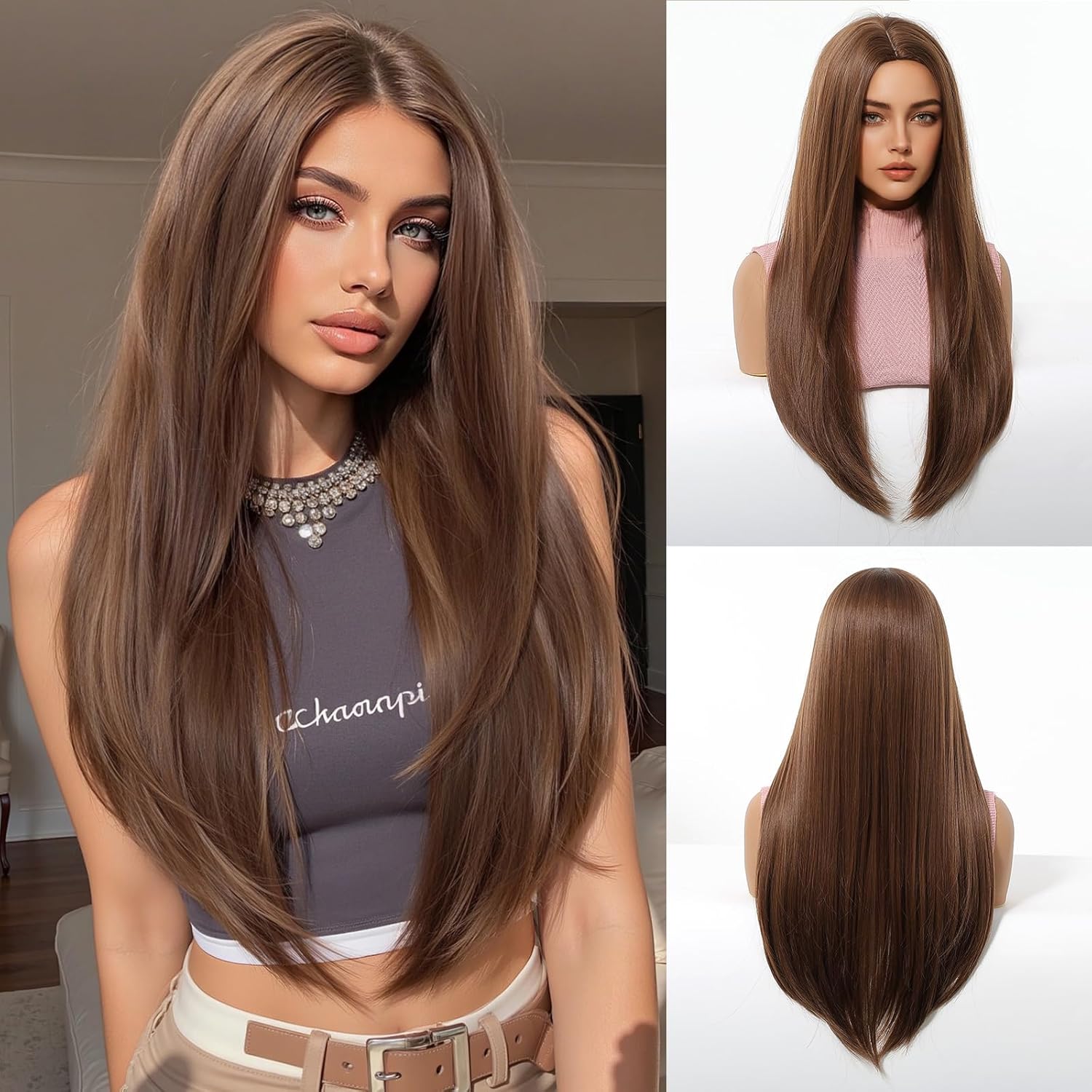 Long Stright Glueless Wigs for White Women Stright Wig Natural Looking Soft Synthetic Hair Replacment Wig for Daily Wear/Party Cosplay Beginner Friendly Wear And Go (Brunut, 26 Inch)