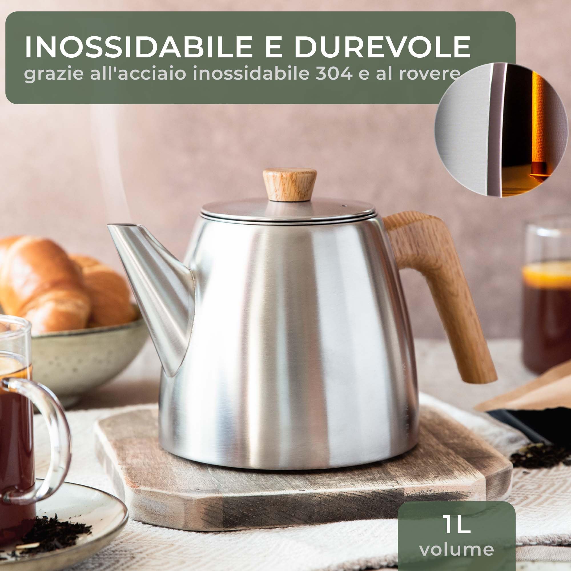 WALDWERK Teiera con Infusore – Teiera termica a doppia parete – Teiera con filtro in acciaio inox 304 – Infusiera con manici in vero legno di quercia – Teiera 100% antigoccia