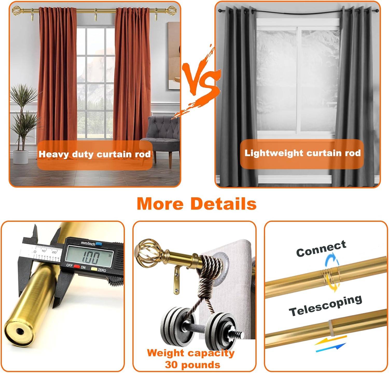 Gold Curtain Rods for Windows 18 to 86 inch, 1 Inch Adjustable Curtain Rod, Heavy Duty Window Curtains Rod for Bedroom Living Room, Modern Decorative Drapery Rods Birdcage Finials