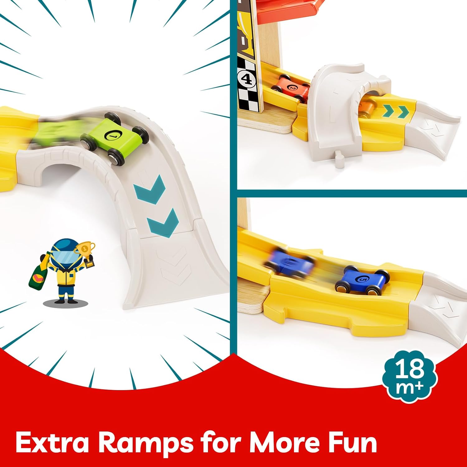TOP Bright Wooden Race Track Car Ramp Toys for Toddlers 1-3 Years Old with 6 Mini Cars, 1 Car Garage & Extra Bridges, Toddler Montessori Toys for 1 Year Old Boys Girls Birthday