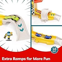 Vista 7 de TOP Bright Rampa de madera para autos de pista de carreras para niños pequeños de 1 a 3 años con 6 mini autos, 1 garaje para automóviles y puentes