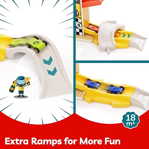 Miniatura 7 de TOP Bright Rampa de madera para autos de pista de carreras para niños pequeños de 1 a 3 años con 6 mini autos, 1 garaje para automóviles y puentes