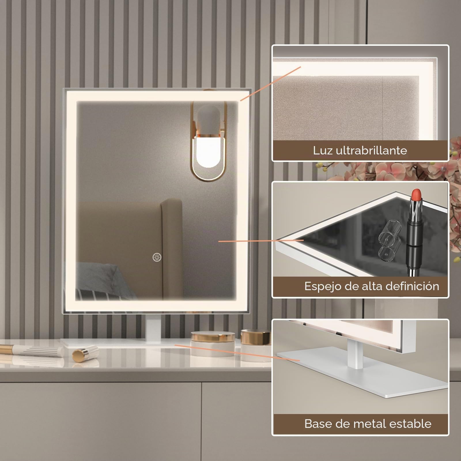 ANTENLICHT Espejo de Maquillaje con Luz, Espejo con Luces Regulable con Aumento de 10X, 3 Modos de Color, Espejo de Maquillaje LED, Espejo de Sobremesa Moderno con Control Táctil, Blanco