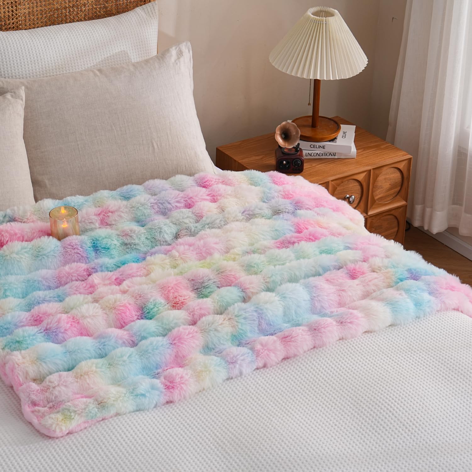 Pink Rainbow Faux Fur Throw Blanket for Couch Colorful Tie Dyed Plush Fuzzy Bed Throws Warm Thick Fleece Bubble Blanket for Sofa Bedroom Living Room, 63"x79" - Image 6