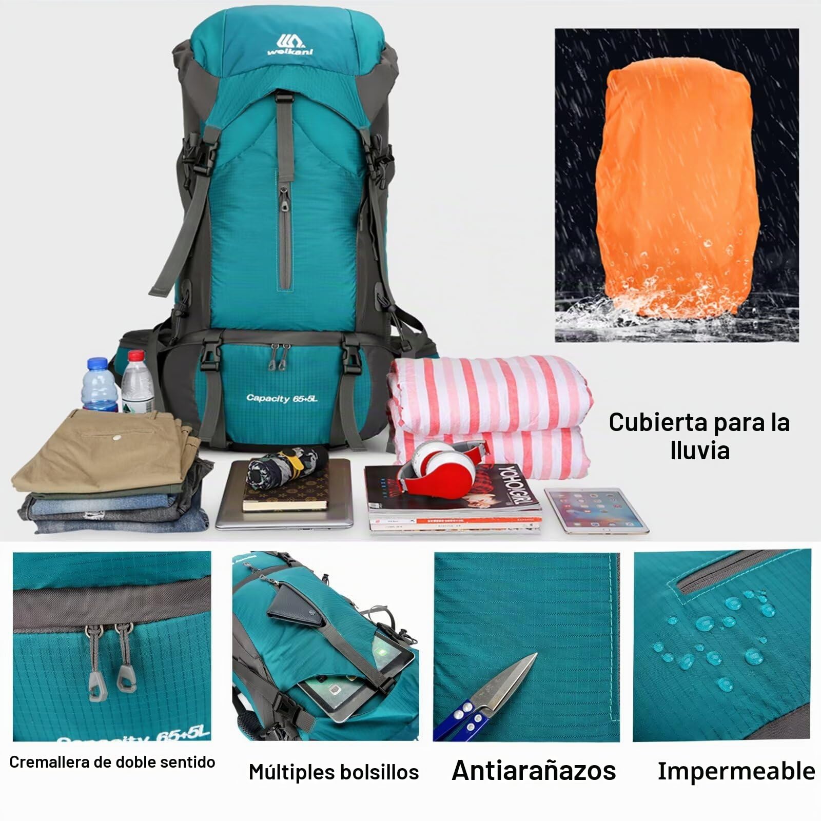 Mochila de senderismo de 70 litros con funda para lluvia, mochila grande para senderismo para hombres y mujeres, impermeable, mochila ligera para deportes al aire libre, viajes, senderismo