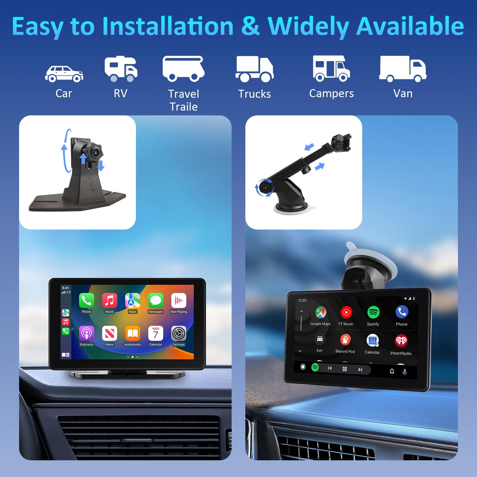 7-calowy ekran Apple Car Play, Bezprzewodowy ekran Samochodowy CarPlay Android Auto do Samochodów, Przenośny ekran dotykowy HD z Bluetooth 5.3/FM/AUX, Obsługa Mirror Link, AirPlay, Nawigacja GPS