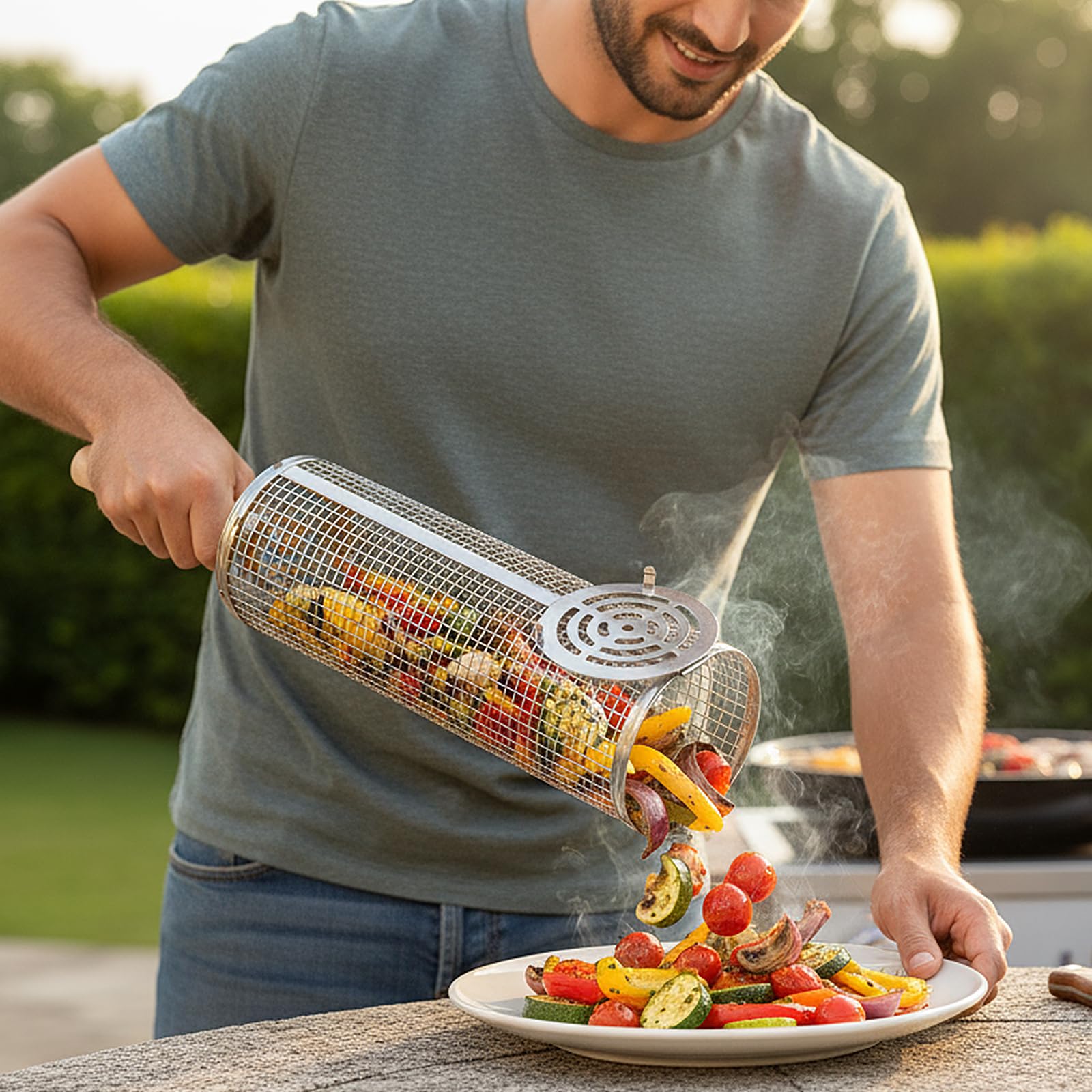 2 Pcs Set Barbecue 30cm 29cm, Upgrade Opening, Grille Barbecue Ronde Acier Inoxydable avec 2 Poignée Amovible Bois, 2 Crochets, 2 Fourchettes, Brosse, Supports, Panier Cuisson pour Accessoires Viande