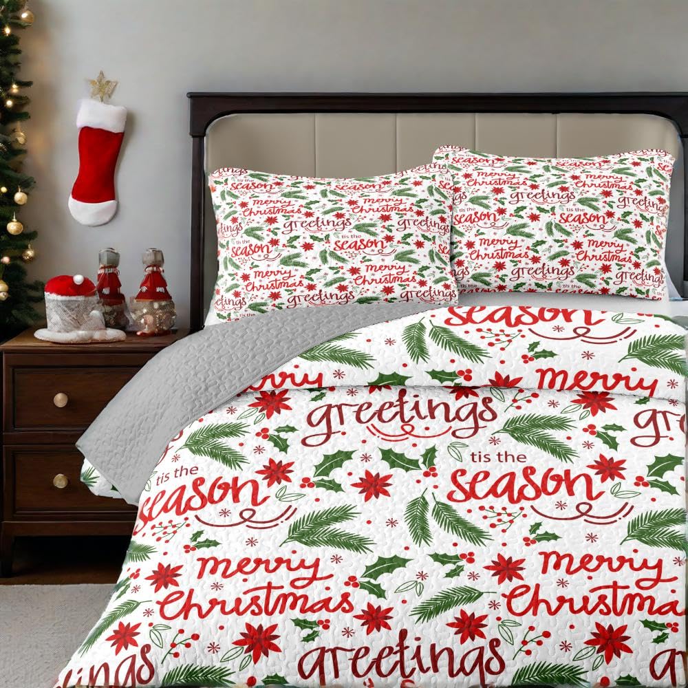 Leaves Berry Weihnachts-Steppdecken-Set für King-Size-Bett, 3-teilig, leichte Bettdecke mit Kissenbezügen für alle Jahreszeiten (Blätter, Kingsize-Bett (228,6 x 264,2 cm)