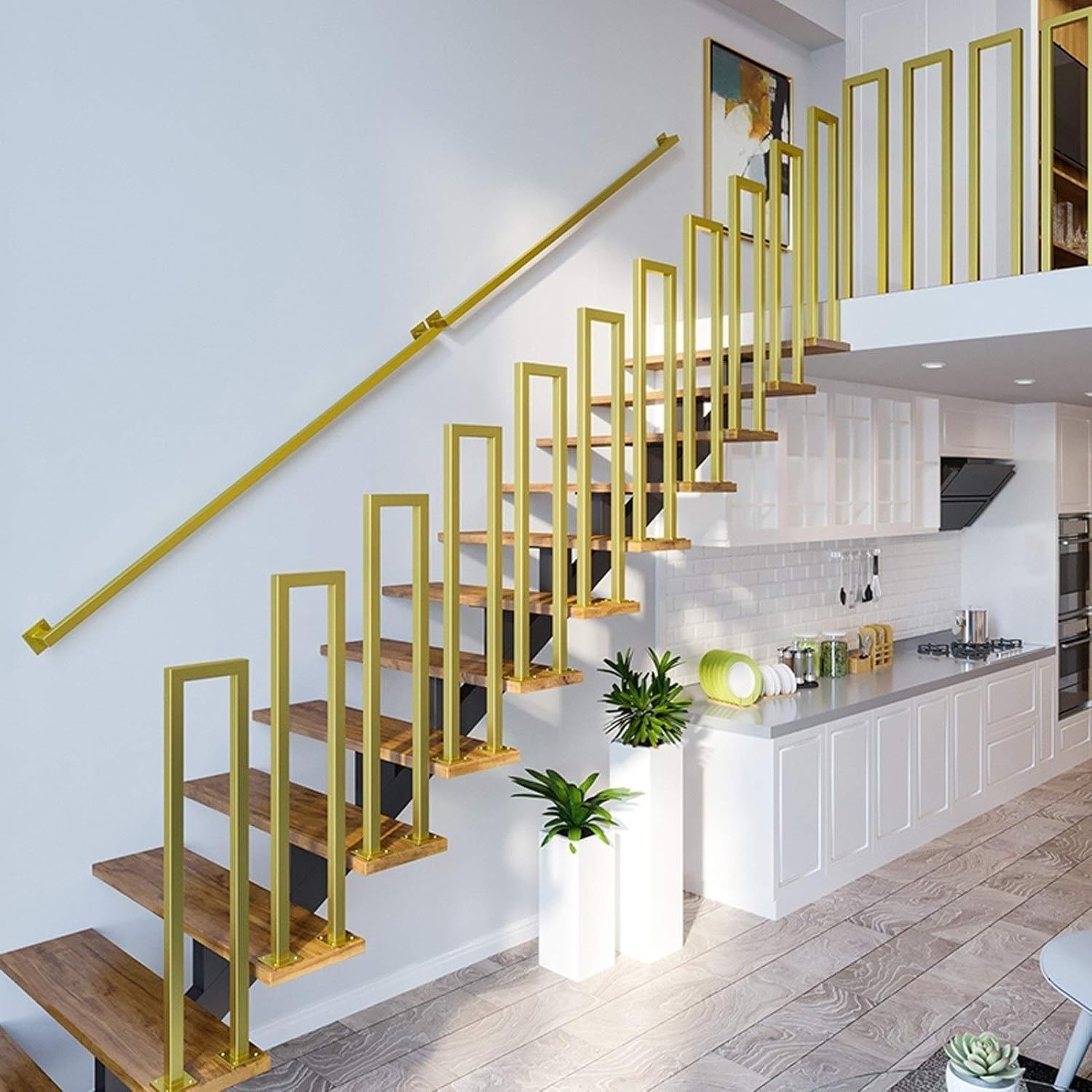 MSHAHO Staircase Handrail Rail Banister Kit,Metal Stairs Rail Support Kit Golden Inside Outside Indoor Outdoor Corridor Loft Attic Metal Wrought Handle/80Cm - - 