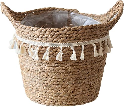 Cesta tejida para el vientre de hierba marina, hecha a mano, decoración del hogar para almacenamiento, cubierta de maceta, cesta de lavandería,