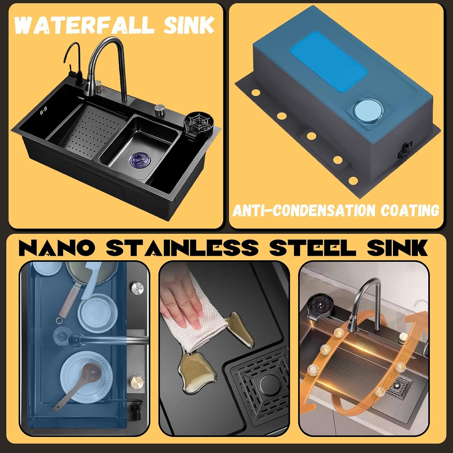 DSMRLEOP ブラックの高級ウォーターフォールシンク、ステンレススチール製キッチンシンク、多機能ワークシンク、大型シングルボウル