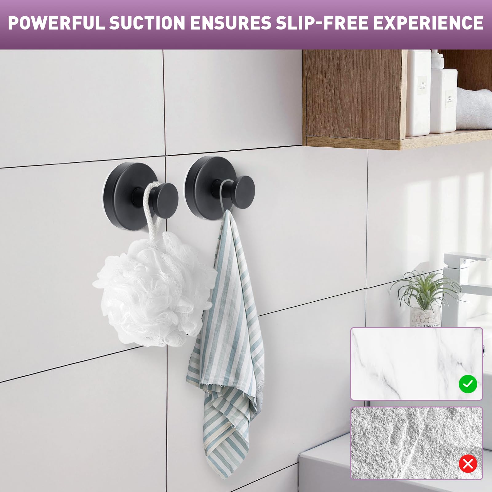 Luxoraiovav 2 Ganci a Ventosa in Acciaio Inox, Rimovibile Senza Foratura, Gancio a Ventosa Bagno, Gancio per Accappatoio Asciugamani, per Cucina, Bagno, Finestra Liscia, Vetro, Ufficio (Nero)