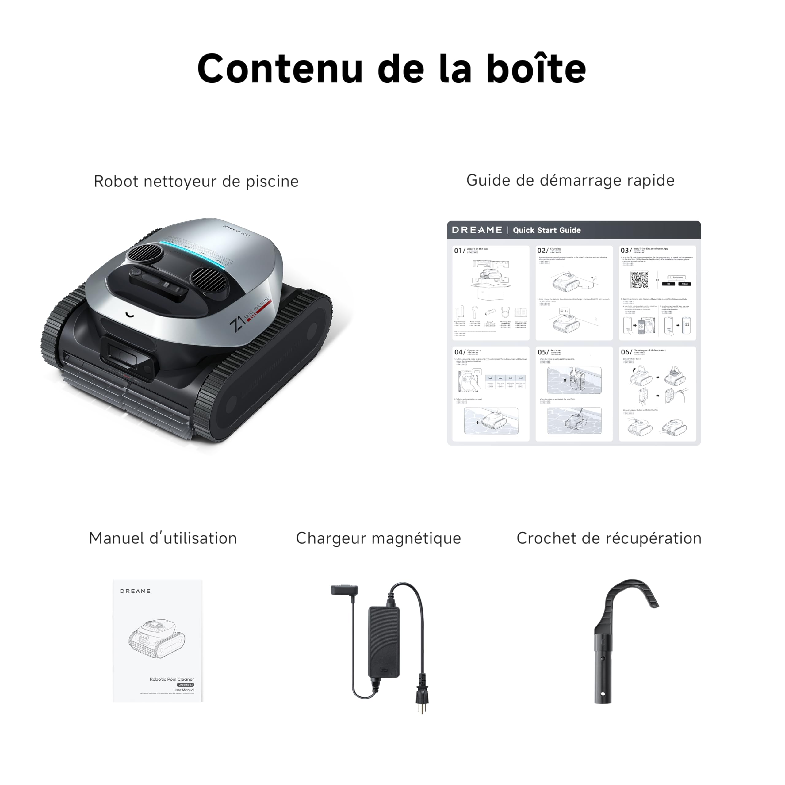 DREAME Z1 Robot Piscine sans Fil, Puissance d'Aspiration 30 000 LPH, Nettoyage du Fond, Parois et Ligne d'eau, 240 Min, Jusqu'à 180 m²