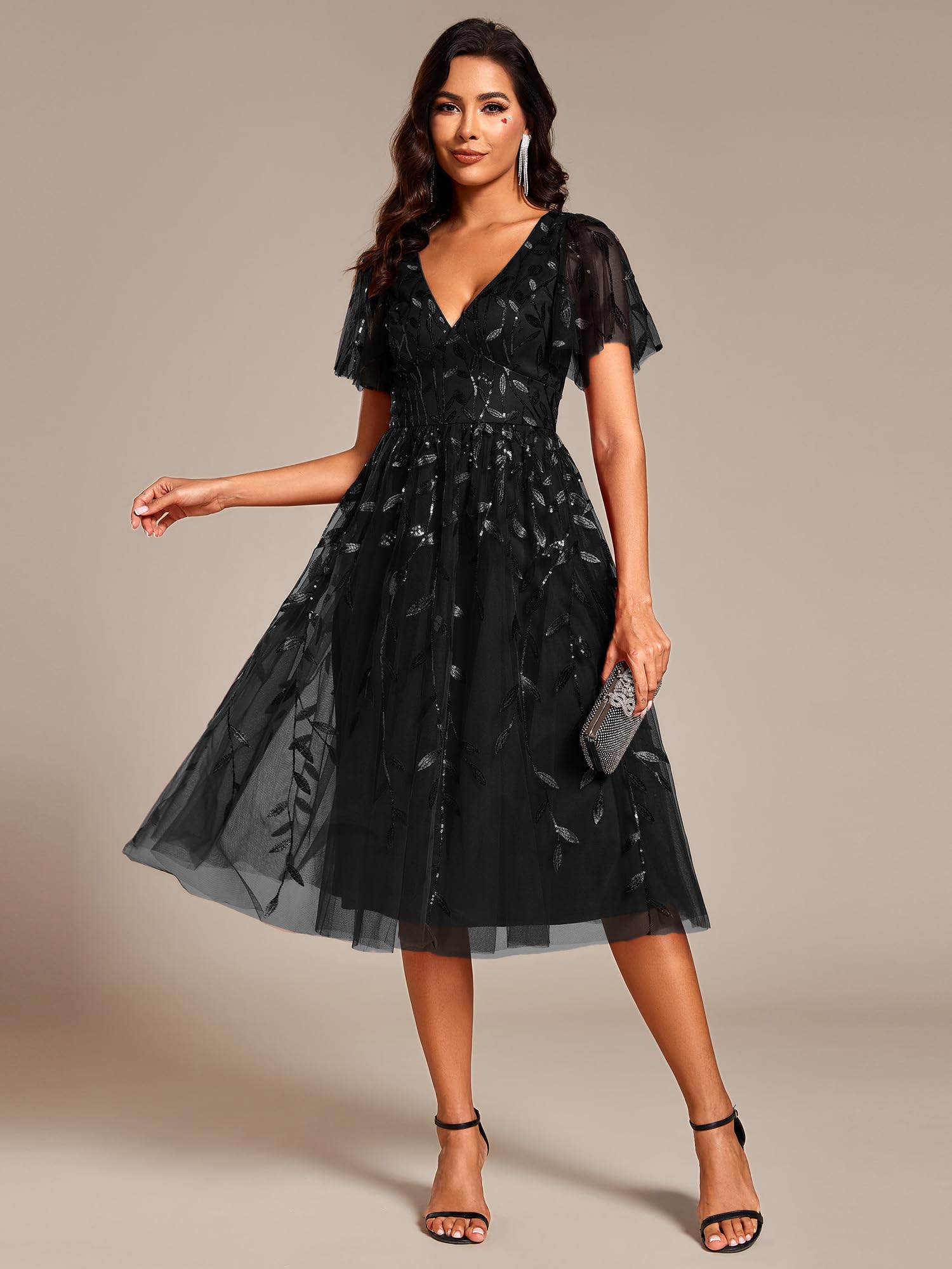Ever-Pretty Abiti Eleganti Cerimonia Donna Senza Schienale Paillettes Scollo a V Vita Impero Abiti da Sposa Donna EG02230