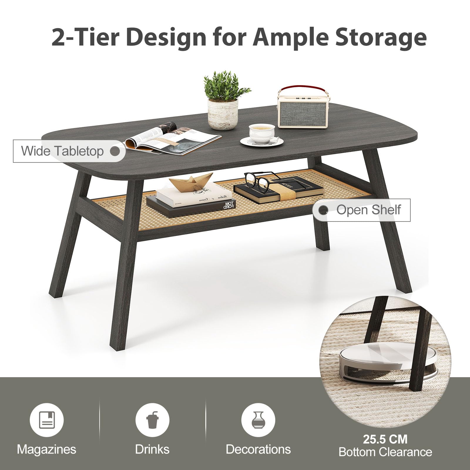 LIFEZEAL Mesa de centro, mesa de salón rectangular de 2 niveles, mesa de sofá, mesa de té con patas de madera, mesa central con bandeja de almacenamiento de ratán para hogar y oficina, estilo rústico