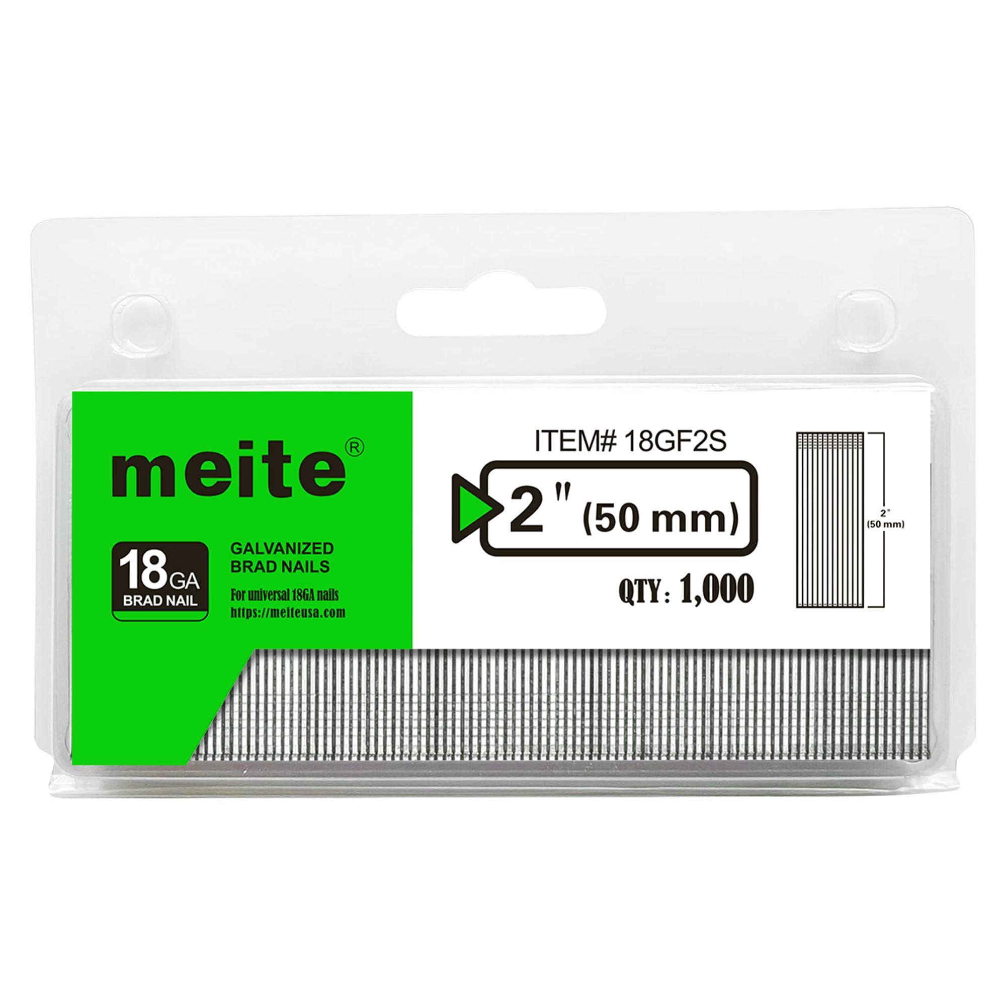 meite 18 Gauge Brad Nails, 2 Inch 18GA Brad Nails Galvanized Small Finishing Nail Gun Nails for Pneumatic, Electric Brad Nailer Gun (1,000 Counts)