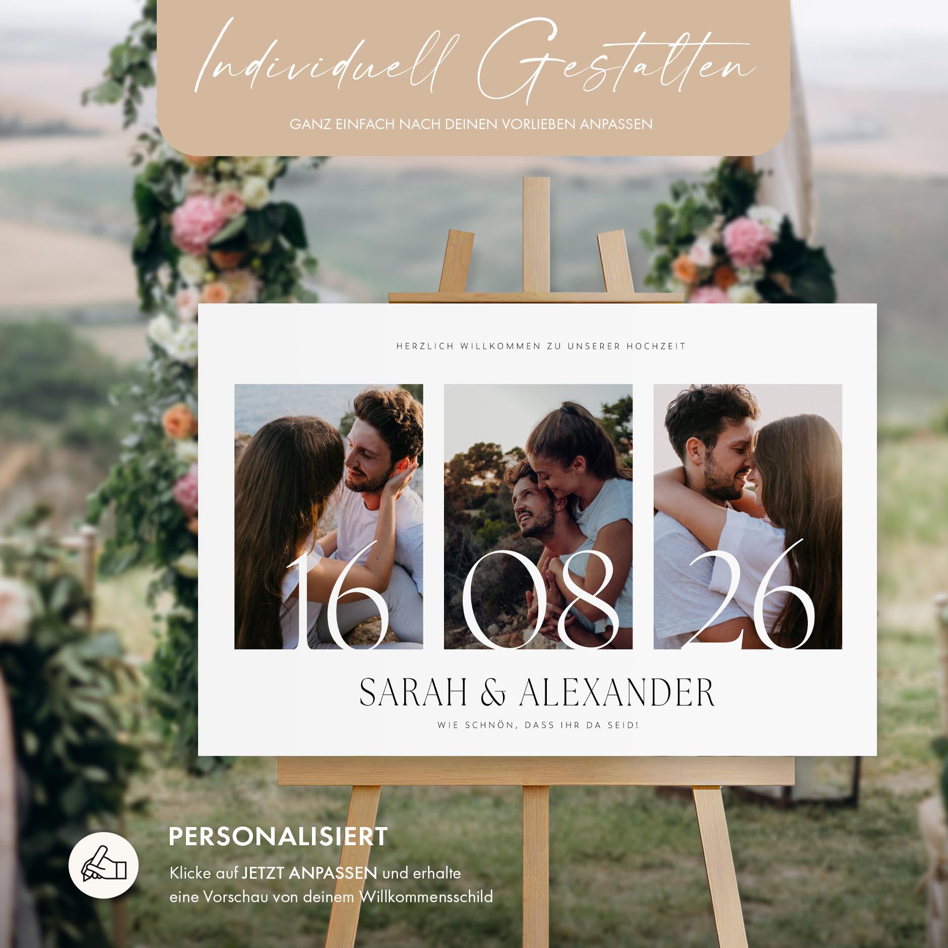 HEI Print Willkommensschild Hochzeit mit eignen Fotos, Namen und Datum, personalisierte Hochzeitsdeko, Willkommen Schild im Querformat, mit Bild, 60x40